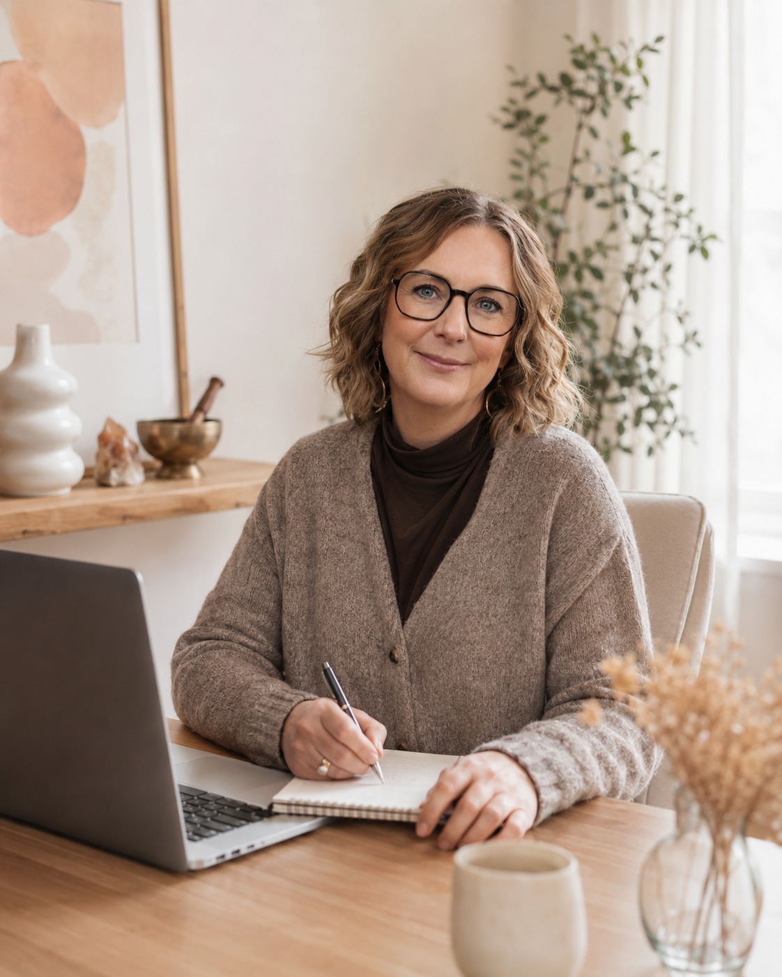 Andrea Tippelt sitzt am Schreibtisch mit Laptop und Notizbuch